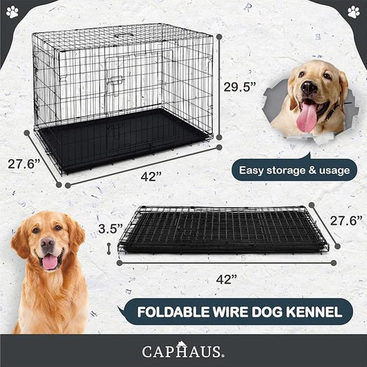 CAPHAUS Foldable Dog Crate Kennel w/Leak-Proof Pan & Divider Panel, Metal Crate, Small, Medium & Large Dog Crate Indoor Wire Cage, 42' w/Double Doors, Black