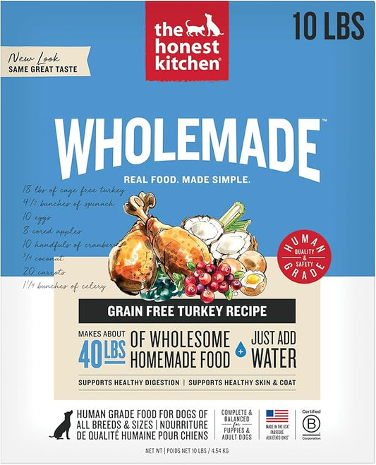 The Honest Kitchen Human Grade Wholemade™ Dehydrated Grain Free Dog Food - Complete & Balanced Meal or Topper, Turkey 10 lb Box