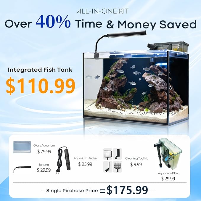 10 Gallon Aquarium Set Glass Fish Tank, with Heater Self Cleaning System Filter with Media Bright Light Cleaning Tool, Leak-Proof Clear Rimless Betta Tropical Freshwater Fish