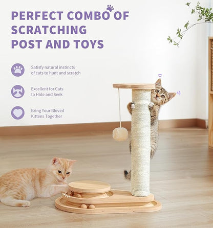 Made4Pets Cat Scratching Post Cat Scratcher Kitten Toys for Indoor Cats Wooden Ball Track Two-Layer Modern Sisal 17.7" Tall Scratch Post Interactive Toy with Dangling Ball