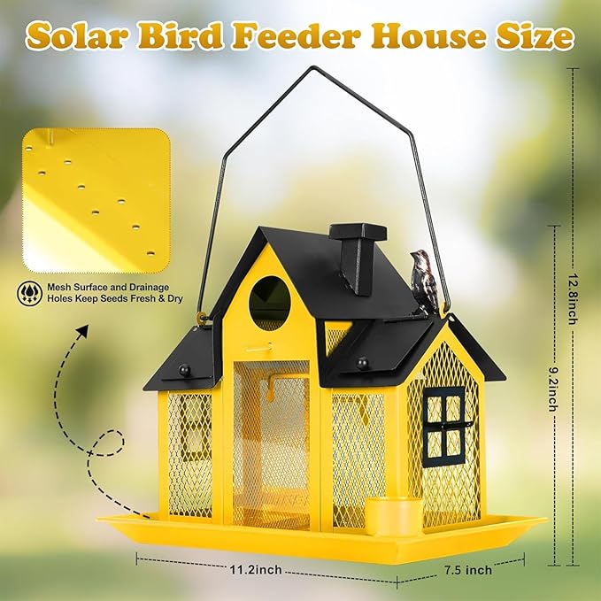 Solar Bird Feeders House for Outside Hanging, Metal Wild Bird Feeder for Outdoors Large Capacity Cardinal Birdfeeder Birdhouses Metal Bird Feeding Station Yellow