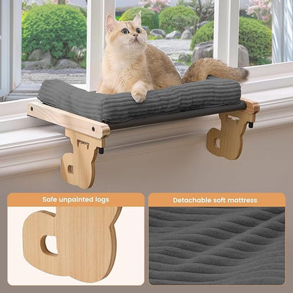 Gardner Pet Cat Window Perch, 2 in 1 Cat Hammock Window Sill Seat with Cushion, Adjustable Cat Bed for Window sill, Wood & Metal Frame for Large Cats(Grey)