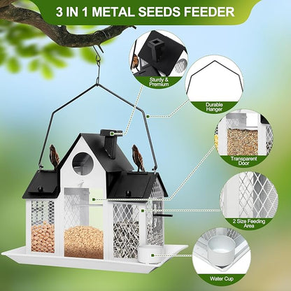 Solar Bird Feeders House for Outdoors Hanging, 7LBS Large Capacity Metal Wild Bird Feeder Squirrel Proof for Outside with Water Cup, Cardinal Birdfeeder Birdhouses Gift for Bird Lovers