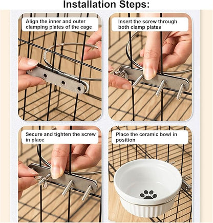 Rabbit Hanging Ceramic Bowl, Removable Cage Feeder Thick Ceramic Bowl with Stainless Steel Support Ring Pet Water Food Bowl for Small Animal Chinchilla Ferret Small Dog & Cat (4.92 * 1.97”)