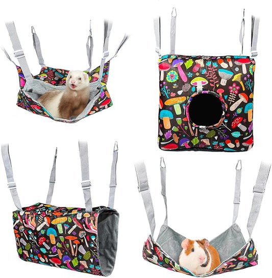 Guinea Pig Hammock,4 Pack Ferret Hammock Small Pets Hanging Hammock Ferret Hideout Bed Hamster Cage Accessories for Guinea Pig,Rat,Sugar Glider,Squirrel,Hamster(Mushrooms)