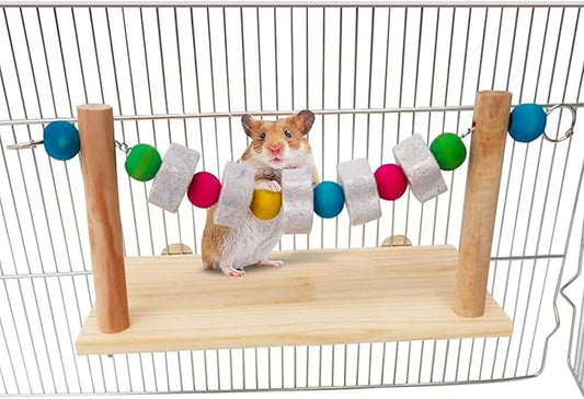 Hamster Wood Ledge Platform with Lava Stone Block Chew Toys,Pet Cage Resting Wooden Shelf for Chinchilla Guinea Pig Gerbil Mouse Rat