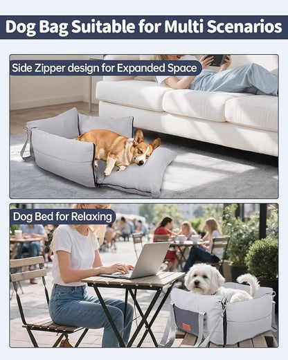 Medium Dog Car Seat for Medium Sized Dogs, Car Seat for Small Dogs with Side Zipper, Waterproof Dog Travel Bed in car with Storage Pockets Up to 25lbs, Memory Foam Filling for Max Support, Light Gray