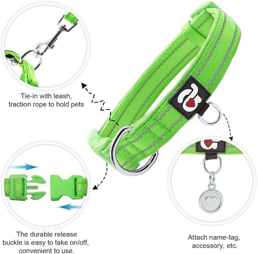 azuza Reflective Dog Collar, Soft Neoprene Padded Pet Collar with ID Tag Ring, Adjustable for Large Dogs,Green,L