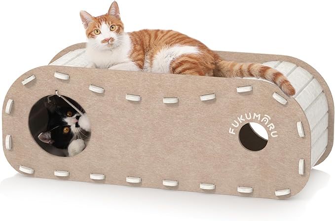 FUKUMARU Cat Beds for Indoor Pets, 31.5 Inches Extra-Large Cat Cave for Multi-Pet, Cozy House with Fluffy Ball Hanging, Scratch Resistant Felt Kitten Hideaway Bed, Feline Tunnel, Beige