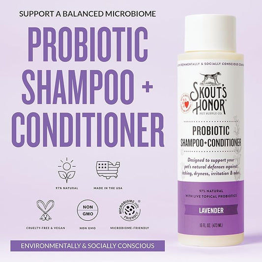 Skout's Honor Probiotic Dog Shampoo & Conditioner with Avocado Oil & Omega-3s, 97% Natural, Paraben & Sulfate-Free, Cruelty-Free, 16oz, Lavender, 2-Pack