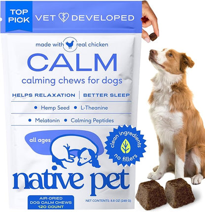 Native Pet Calming Chews for Dogs - Melatonin for Dogs Anxiety Relief - Grain Free All Natural Hemp Calming Treats & L-Theanine Helps Manage Stress & Separation Anxiety - Puppy Sleep Aid - 120 Chews
