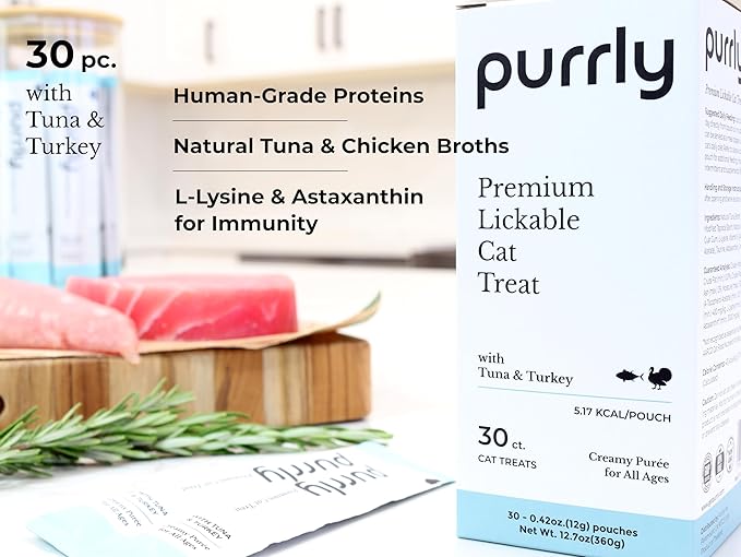 Purrly Lickable Cat Treat Healthy Human-Grade Tuna & Turkey with L-Lysine & Astaxanthin for Immunity (30 Count) Soft Healthy Low Calorie Hydrating Interactive Snack
