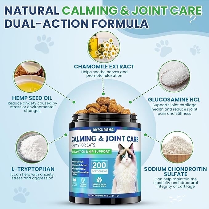 Cat Calming Treats, 200 Hemp Soft Chews Cat Calming Treats for Anxiety Relief with Glucosamine Hip & Joint Support Calming Chews for Cats Anxiety Stress Chicken Flavor