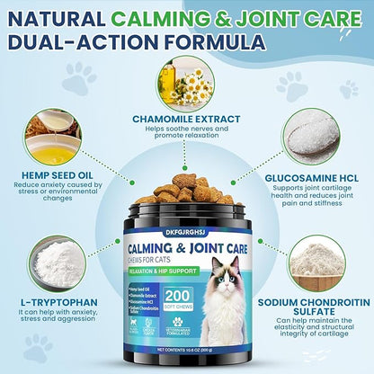Cat Calming Treats, 200 Hemp Soft Chews Cat Calming Treats for Anxiety Relief with Glucosamine Hip & Joint Support Calming Chews for Cats Anxiety Stress Chicken Flavor