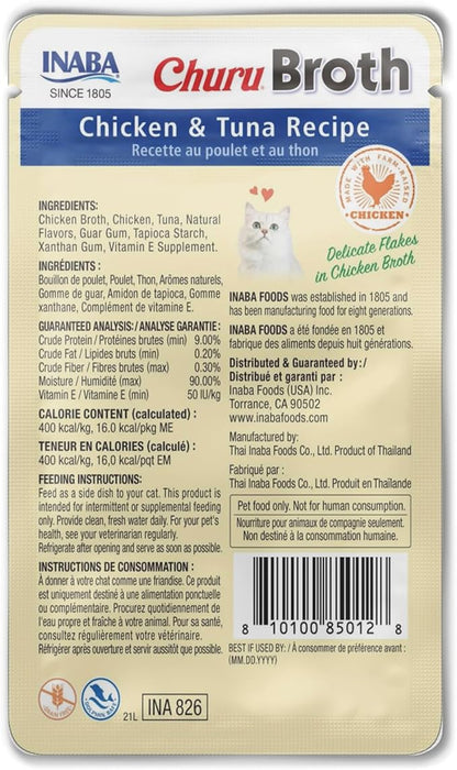 INABA Churu Broth for Cats, Side Dish Pouch, 1.4 Ounces per Pouch, 12 Pouches, Chicken & Tuna Recipe