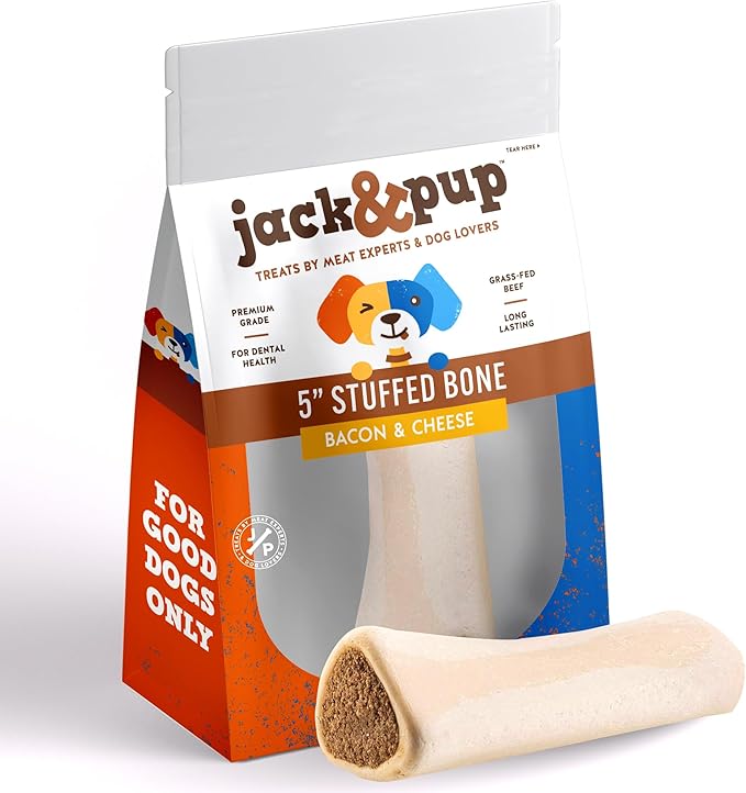 Jack&Pup 5-6" Filled Dog Bones for Large Dogs, Flavored Dog Bone Long Lasting, Stuffed Shin Bones for Dogs, High Protein, Bacon and Cheese Flavor - 1 Pack