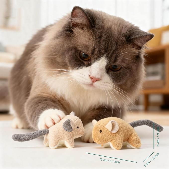 Plush Catnip Mice Toys with Crinkle Sound - 2 Pcs Interactive Cat Toys for Indoor Cats, Durable Stress Relief Eco-Friendly Small Mouse Chew Playthings（Camel+ Chestnut Color）