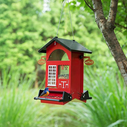Squirrel Proof Bird Feeders All Metal Bird Seed House Feeder for Outdoors Hanging Weight Activated 5 LB Large Capactiy Easy to Fill & Clean for Outsides Wild Birds Durable & Attract, Red