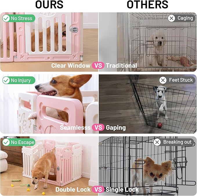 Dog Fence Pet Playpen Clear Puppy Cat Small Play Pen Foldable Kennel Indoor Outdoor Whelping Box for Dogs with Gate (Pink + White, 8 Panels+1 Door)