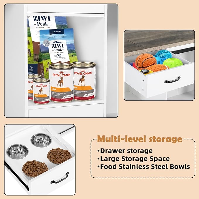 Extra Large Dog Crate Furniture, 85" Sliding Door Double Kennel for 2 Large Dogs Divided, Heavy Duty Wooden Dog Crate Kennel Furniture with 4 Dog Bowls and Drawer Indoor, White