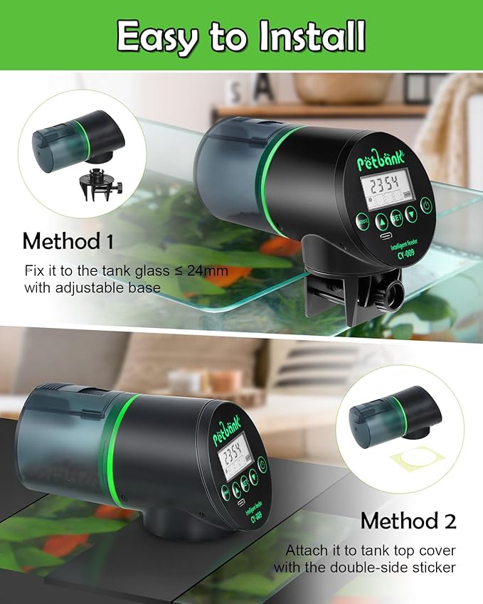 Automatic Fish Feeder for Aquarium - Rechargeable Fish Food Auto Dispenser Vacation Turtle Feeder with USB Charger Cable，LCD Screen, Customized Schedule，Black