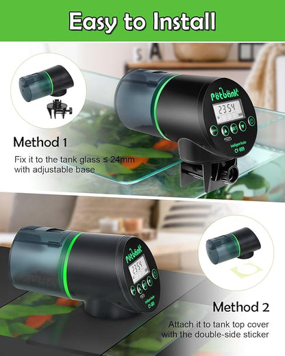 Automatic Fish Feeder for Aquarium - Rechargeable Fish Food Auto Dispenser Vacation Turtle Feeder with USB Charger Cable，LCD Screen, Customized Schedule，Black