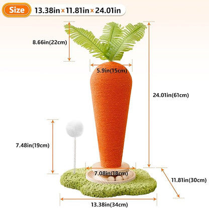 Cute Cat Scratching Post, Carrot Cat Scratcher Post with Durable Natural Wooden Turntable Toy and Catnip, 24'‘ H Carrot Shape Design Sisal Cat Tree Sisal Scratcher for Indoor Cats (Cloud Base)