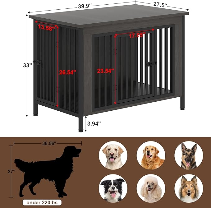 EasyCom Dog Crate Furniture for 1 or 2 Dogs, Heavy Duty Single/Double Dog Crates for Small/Medium/Large Dogs, Dog Kennel Furniture Indoor as TV Stand, Large Size 39.96" L(35-60 Pounds), Dark Grey