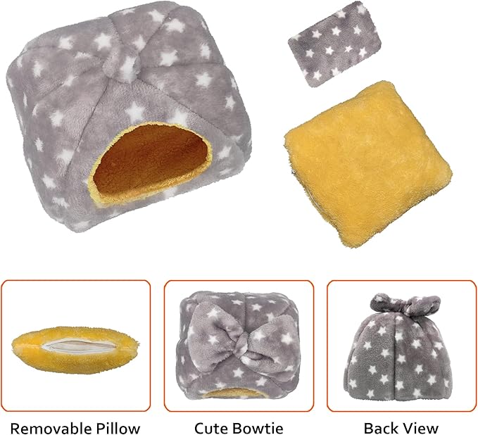 Guinea Pig Bed, Guinea Pig Hideout House Accessories Warm Bed for Small Animals Hamsters Chinchillas Dwarf Bunnies Hedgehogs. M, Light Grey Stars.