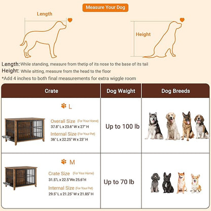 Lulive Wooden Dog Crate Furniture, Large Dog Kennel Indoor with 360°& Adjustable Raised Dog Bowls, Double Doors Furniture Dog Crates End Table for Large/Medium Dogs 37.8" L*23.6" W*27" H, Brown