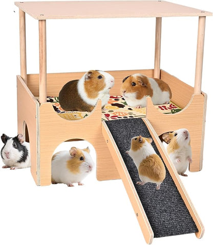 Large Wooden Guinea Pig Hideout, 2-Story Guinea Pig Castle with Non-Slip Stairs and Double-Sided Mat, Multi-Cave Design Small Animal House for Dwarf Hamsters, Sugar Gliders, Bunnny Habitat