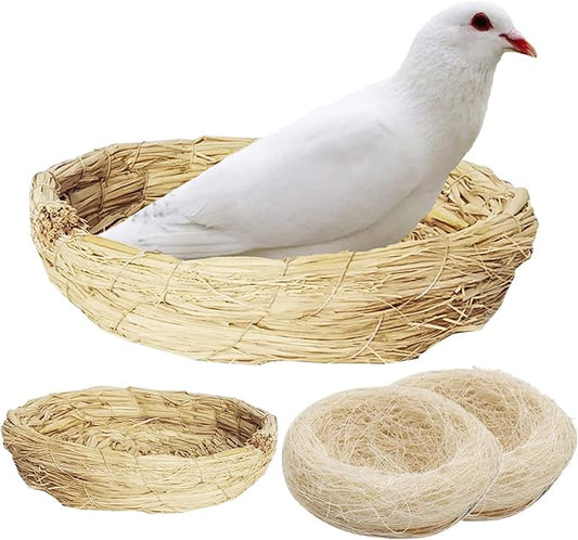 Fhiny Handmade Woven Bird Spawning Nest with Coconut Fiber Liner Flat Base Straw Bird Nest Bed Hatch Roosting for Dove Pigeon Parrot Turtle Quail Macaw Cuckoo Sparrow