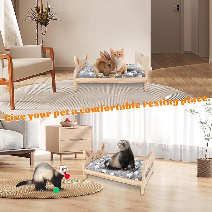 BWOGUE Large Wooden Rabbit Bed, 2 in 1 Folding Wooden Pet Bed with Removable Cushion Small Animals Bed for Rabbits Bunny Guinea Pigs Kittens Puppy Sleeping Habitat (20.5" x 14.3")