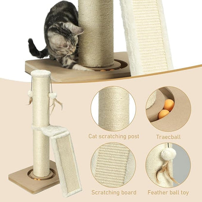 PEEKAB Cat Scratching Post,31" Tall Sisal Scratch Posts with Vertical Scratching Board for Cats and Kittens,with Track Ball and Hanging Feather Ball Toys,Beige
