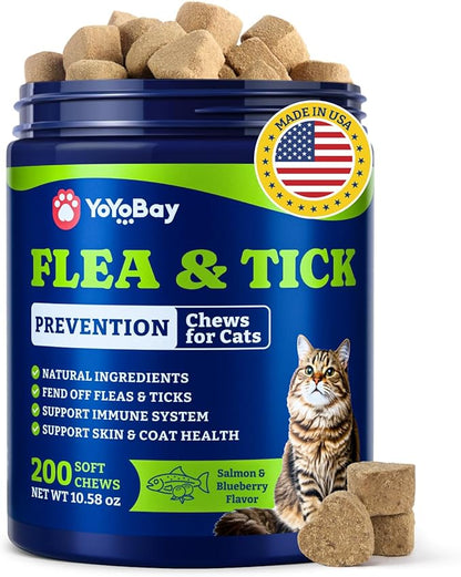 Flea and Tick Prevention for Cats - 200 Soft Chews Natural Cat Flea Treatment, Salmon & Blueberry Flavor - Flea Treatment for Cats, Cat Oral Flea, Immune Support Supplement