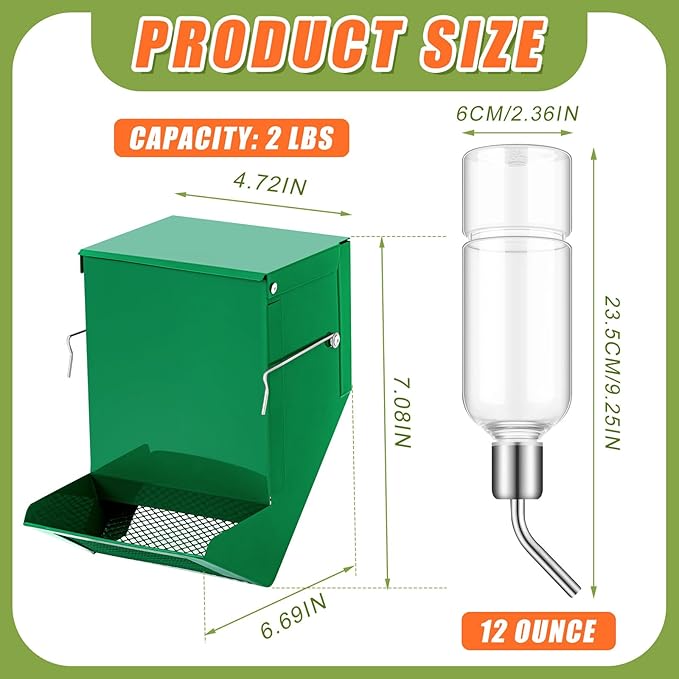 Maxcheck 2 Pack Rabbit Feeder and 12 oz Water Bottle for Cages Pet Food Water Dispenser with Lid Metal Feeders Outside for Guinea Pig Hamsters Chinchillas Gerbils and Other Small Animals(2 Lbs)