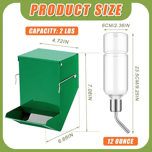 Maxcheck 2 Pack Rabbit Feeder and 12 oz Water Bottle for Cages Pet Food Water Dispenser with Lid Metal Feeders Outside for Guinea Pig Hamsters Chinchillas Gerbils and Other Small Animals(2 Lbs)