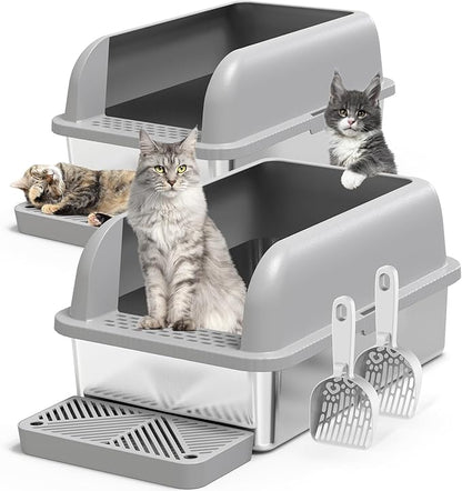 2 Pack XL Stainless Steel Litter Box Enclosure with Lid, Stainless Steel Cat Litter Pan for Big Cats, Large Metal Litter Box with Anti-Leakage High Wall, Non-Sticky Easy Cleaning Cat Litter Tray