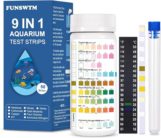 Aquarium Test Strips for Fish Tank: 9 in 1 Aquarium Water Test Kit for Freshwater - 50ct Fish Test Strips Testing Ammonia pH Nitrate Chlorine Nitrite Hardness Alkalinity Copper