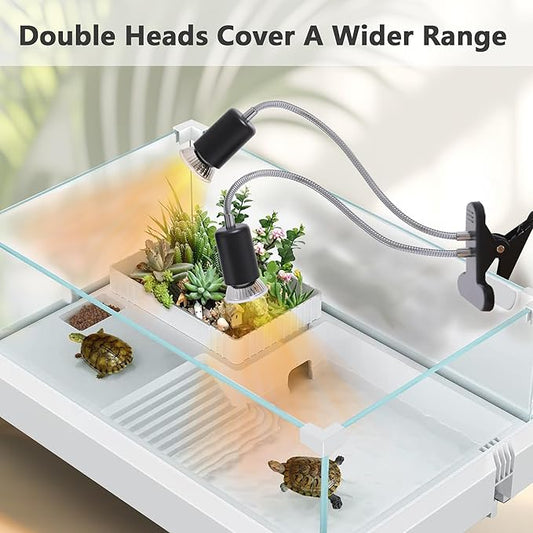 Reptile Heat Lamp with Dual Head, UVA UVB Light for Aquarium Turtle Tank, with 2 * 50w Basking Bulb and 360° Swivel Clamp Stand for Tortoise, Snake, Frog, Lizard. Halogen, Yellow Light