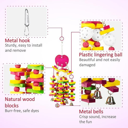 MEWTOGO Bird Toys - Edible Parrots Cage Chew Toy Gift with Bells and Safe Colorful Wood Blocks Beads for Macaws African Grey and Amazon Parrots (Peach Style)