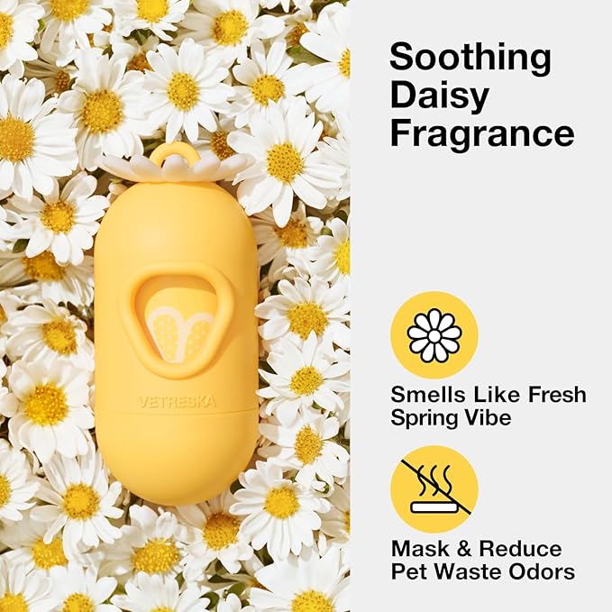 VETRESKA Dog Poop Bag Dispenser with Daisy Scented Waste Bags Leak-proof and Extra Thick Poop Bags for Dog Walking and Cat Litter 1 Holder and 105 Bags (7 Refill Rolls)