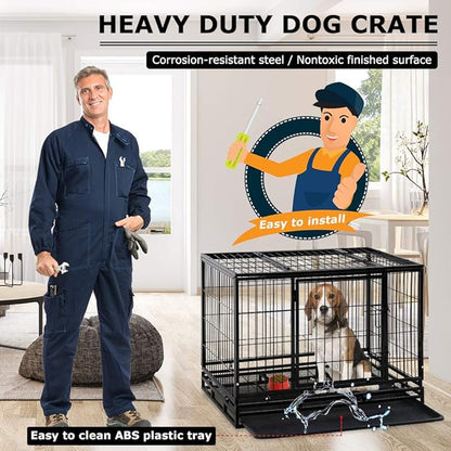 Dog Crate Cage for Large Dogs Heavy Duty 48 Inches Dog Kennel Pet Playpen for Training Indoor Outdoor with Plastic Tray Double Doors & Locks Design