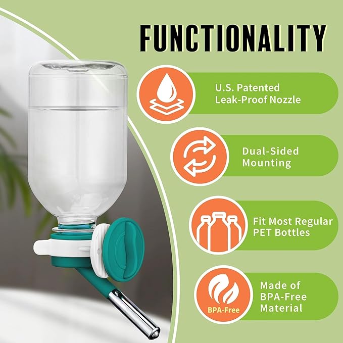 Choco Nose No-Drip Water Bottle Feeder for Guinea Pigs, Hamsters, Bunnies, Ferrets, & Small Pets, 10.2 fl.oz, 300ml - Easy to Install in Cages/Crates, US Patented Leakproof Nozzle 10mm, Green (C128)