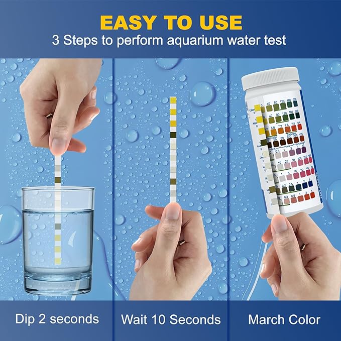 Aquarium Test Strips,100 Strips 9 in1 Saltwater and Freshwater Aquarium Test Kit for Aquarium,Pond and Fish tank,Testing Carbonate,Alkalinity,pH,Hardness,Free Chlorine,Nitrate,Nitrite,copper and Iron.