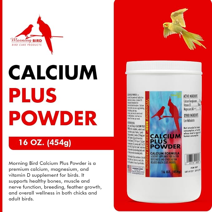 Morning Bird Calcium Plus Powder for Birds 16 oz – Calcium Carbonate Powder with Magnesium Glycinate & Vitamin D – Bone Strength & Immune Support Supplement – Calcium Formula for All Bird Sizes