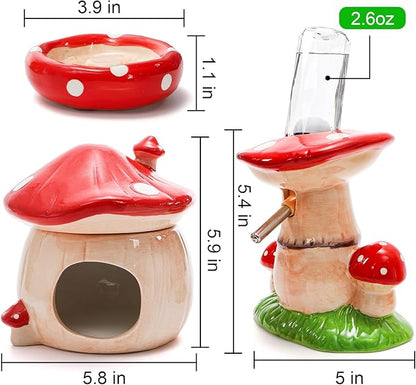Hacaroa 3 Pack Ceramic Hamster Hideout, Mushroom Shape Guinea Pig Food Bowl Cute Water Bottle with Stand, Cool Hamster Bed House Small Animal Cage Accessories for Dwarf Hamsters, Mice, Gerbils