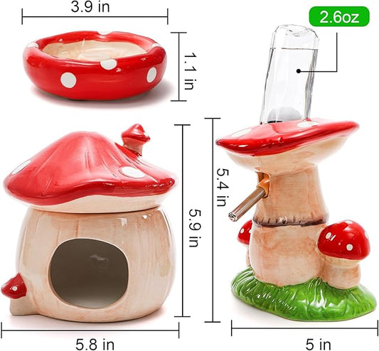 Hacaroa 3 Pack Ceramic Hamster Hideout, Mushroom Shape Guinea Pig Food Bowl Cute Water Bottle with Stand, Cool Hamster Bed House Small Animal Cage Accessories for Dwarf Hamsters, Mice, Gerbils