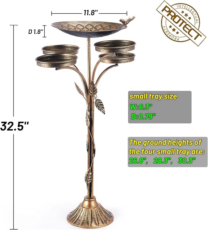 33.5 "H Cast Iron Base Outdoor Bird Bath, Metal Bird Feeding Bowl Tray, Metal Bird Bath Garden Patio Decor