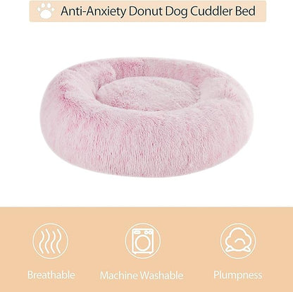 WNPETHOME Calming Dog Bed & Cat Bed Donut, Faux Fur Self-Warming Donut Cuddler, Comfortable Round Plush Pet Beds (27 x 27 x 8 Inch, Light Pink)